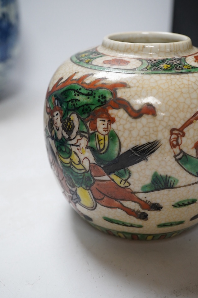 Five various Chinese jars, one with cover and a tea caddy and cover, tallest 21cm. Condition - good, one lid stuck to jar